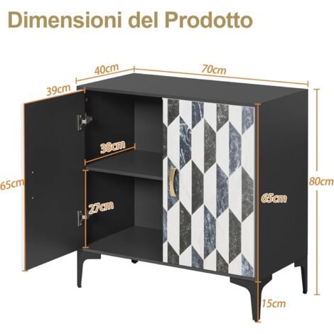 UEV Credenza Bassa Scandinava, Mobiletto portaoggetti, con 2 Ante, Superficie Color Bianco/Nero, Maniglia in Metallo Color Oro, per Soggiorno, Camera da Letto, Studio, 70 x 40 x 80 cm