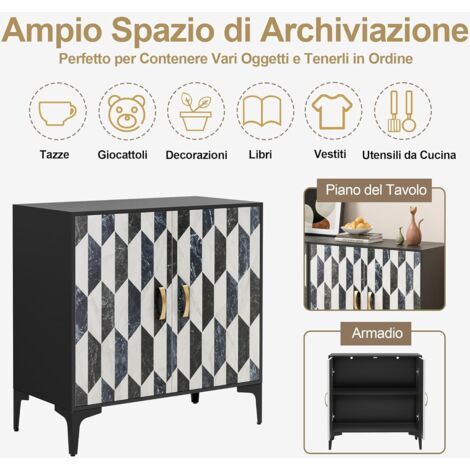 UEV Credenza Bassa Scandinava, Mobiletto portaoggetti, con 2 Ante, Superficie Color Bianco/Nero, Maniglia in Metallo Color Oro, per Soggiorno, Camera da Letto, Studio, 70 x 40 x 80 cm