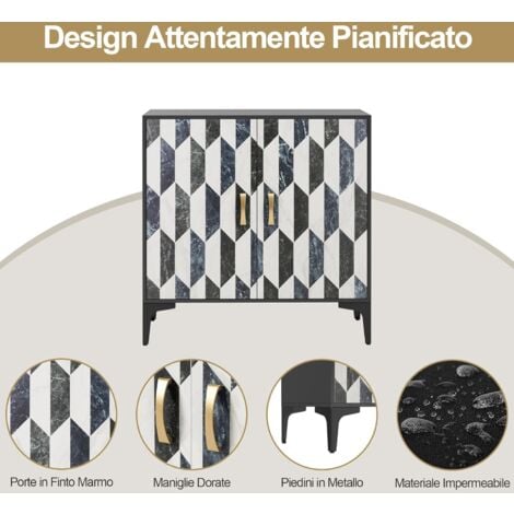 UEV Credenza Bassa Scandinava, Mobiletto portaoggetti, con 2 Ante, Superficie Color Bianco/Nero, Maniglia in Metallo Color Oro, per Soggiorno, Camera da Letto, Studio, 70 x 40 x 80 cm