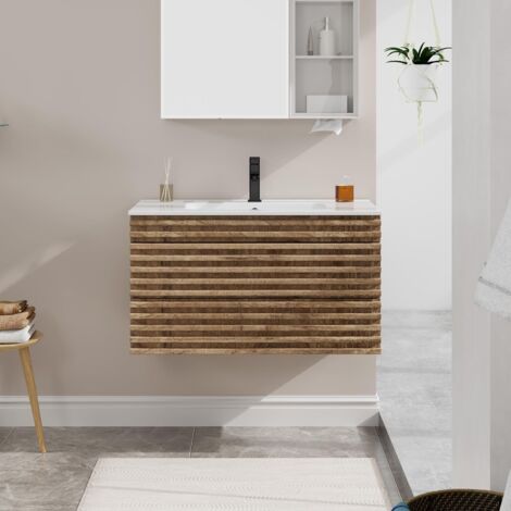 UEV Mobile Bagno, con Lavabo in Ceramica, Lavabo Sospeso 90 cm, 2 Cassetti con Sistema di Chiusura Ammortizzata, Ampio Spazio Contenitivo, 90 x 45 x 46 cm, Naturale