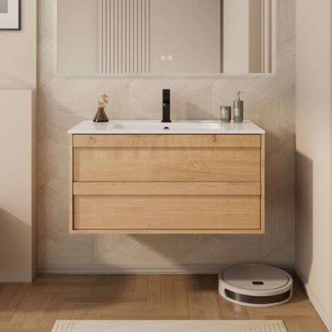 UEV Mobile Lavabo Sospeso da 90 cm, Mobile da Bagno con Lavabo in Ceramica, due Cassetti con Ampio Spazio per Riporre Oggetti, Cassetti con Sistema di Chiusura Ammortizzata, 90 x 45 x 46 cm, Naturale