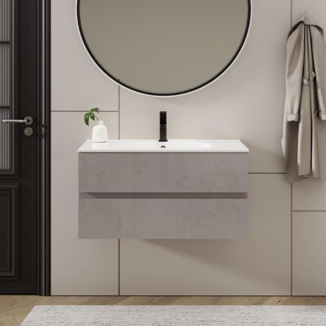 Mobile Bagno Sospeso UEV 90 Cm Con Lavabo In Ceramica | 2 Cassetti Con Chiusura Morbida, Design Moderno | Colore Naturale