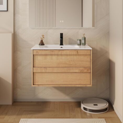 UEV Mobile Lavabo Sospeso da 75 cm, Mobile da Bagno con Lavabo in Ceramica, due Cassetti con Ampio Spazio per Riporre Oggetti, Cassetti con Sistema di Chiusura Ammortizzata, 75 x 45 x 46 cm, Naturale