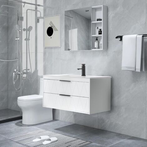 UEV Mobile Bagno Sospeso con Lavabo in Ceramica, 90CM Lavandino Bagno con 2 Cassetti, Lavandino Bagno con Mobiletto Moderno, Soft-Close, Bianco