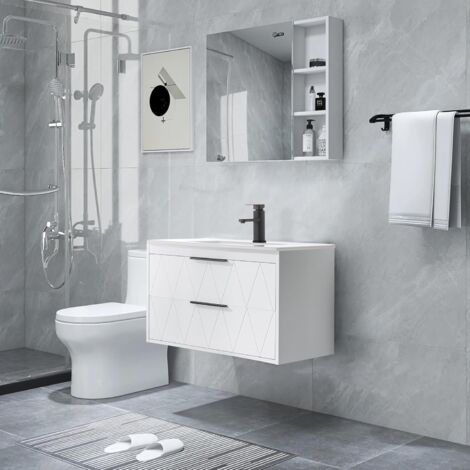 UEV Mobile Bagno Sospeso con Lavabo in Ceramica, 75CM Lavandino Bagno con 2 Cassetti, Lavandino Bagno con Mobiletto Moderno, Soft-Close, Bianco