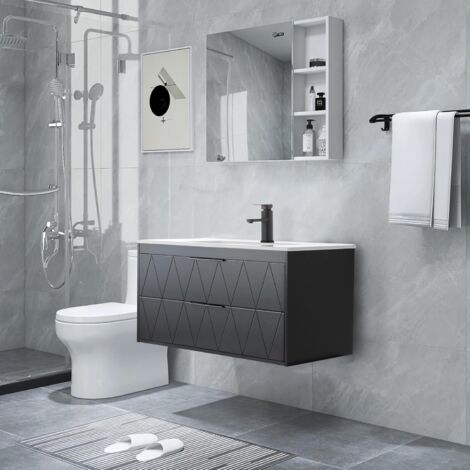 UEV 90CM Mobile Bagno Sospeso con Lavabo in Ceramica, Lavandino Bagno con 2 Cassetti, Lavandino Bagno con Mobiletto Moderno, Soft-Close, Nero