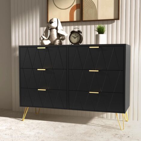 UEV Cassettiera 6 Cassetti, Comò in Legno, Mobile Cassettiera Salvaspazio per Camera da Letto, Soggiorno, 100 x 34 x 73cm, Nero