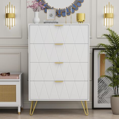 UEV Cassettiera Bianca con 4 Cassetti, Como Camera da Letto in Legno, Maniglie e Gambe Dorate, Mobile per Soggiorno, 34P x 60l x 91H cm, Bianco