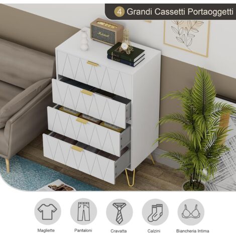 Cassettiera Moderna A 4 Cassetti - Bianca Con Maniglie E Gambe Dorate, 60x34x91 Cm, In MDF, Per Camera Da Letto E Soggiorno