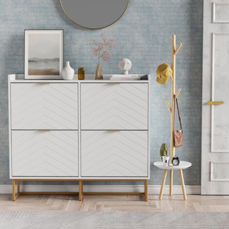 UEV Scarpiera con 4 Ribalte, Scarpiera Stretta, Montaggio a Soffitto con Recinzione, Ripiano Regolabile in 2 Posizioni, per Corridoio, Soggiorno, 100x24x91 cm, Bianco