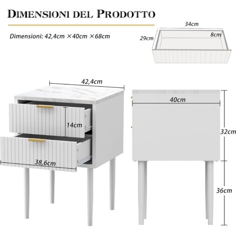 En.casa Set Di 2 Comodini Con Cassetto, Tavolini Da Notte In Bianco E Rovere, Gambe In Legno, Dimensioni 60x40x29,5 Cm