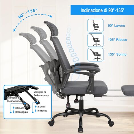 UEV Sedia Ufficio Ergonomica Beige, Schienale Alto 72 Cm, Supporto Lombare Regolabile, Reclinabile 90°-135°, Poggiapiedi Retrattile, Seduta In Rete Traspirante