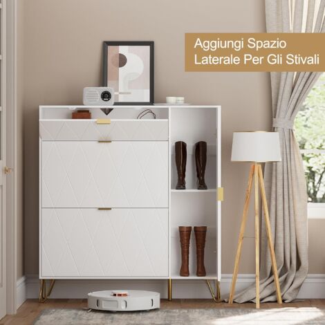 UEV Scarpiera Salvaspazio Slim da Ingresso, 110 x 24 x 120 cm, Porta Scarpe con 3 Ante a Ribalta, 2 Scomparti per Riporre Gli Stivali Lunghi, Scarpiere Moderne in Legno, Bianco