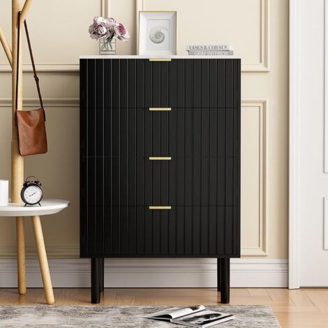 UEV Cassettiera Camera da Letto, Comò 4 Cassetti con Motivi a Marmo, Mobile in Legno, Credenza per Soggiorno, Corridoio, Scandinavia, 34P x 60l x 94H cm, Nero