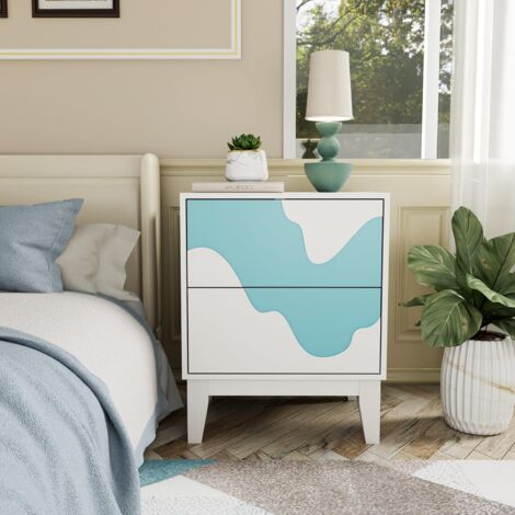 UEV Set di 2 Comodini con Motivo Ondulato, Comò Moderno con 2 Cassetti Portaoggetti, Tavolino laterale per Camera da Letto, Soggiorno, 45 x 35 x 56cm, Bianco