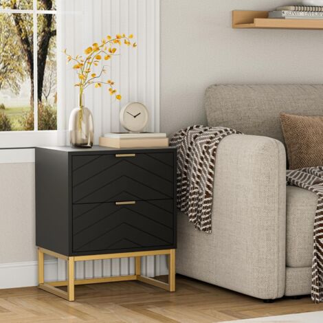 UEV Set di 2 Comodino Camera da Letto con Motivo a V, Mobile Camera da Letto con Miniglie e Piedini in Metallo, Comodino Moderno e Stabile, 46 x 33,5 x 56,5 cm, Nero