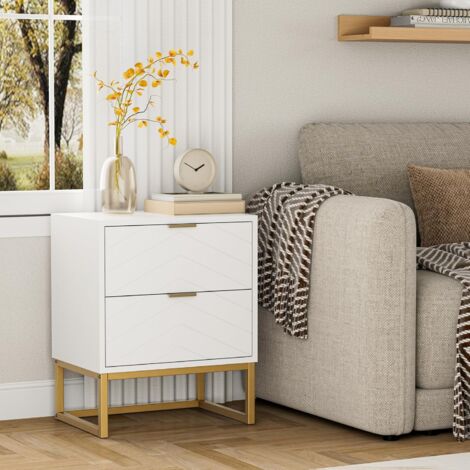 UEV Set di 2 Comodino Camera da Letto con Motivo a V, Mobile Camera da Letto con Miniglie e Piedini in Metallo, Comodino Moderno e Stabile, 46 x 33,5 x 56,5 cm, Bianco