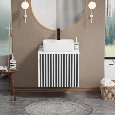 UEV Mobiletto Bagno 60CM con Lavabo in Ceramica, Mobile Bagno Sospeso Combina Eleganza e Funzionalità, Lavandino con Mobiletto da Parete, Bianco+Nero