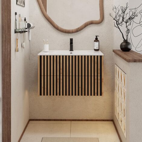 UEV Mobiletto Bagno Sospeso da 80CM con Lavabo in Ceramica, Mobiletti Lavabo Incluso con 2 Cassetti da Archiviazione, Lavadino Bagno con Mobile Moderno e Pratico, Bianco Avorio