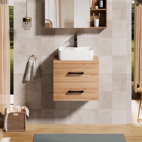 UEV Mobile Bagno 60CM con Lavabo in Stile Rustico,Lavandino con Mobiletto da Parete, Mobiletto Bagno Sospeso Impermeabile e Resistente, Naturale