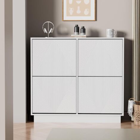 UEV Scarpiera da Ingresso con 4 Ante in Deisgn Intaglio, Mobile Scarpiera Combia Bellezza e Funzionalità con Ripiani Rimovibile e Regolabile, Scarpiere Salvaspazio Slim Stabili, 99 x 24 x 91cm, Bianco