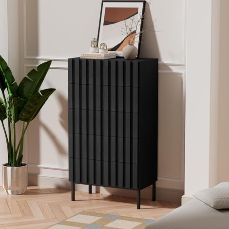 UEV Cassettiera Naturale con 5 Cassetti, Settimino Salvaspazio con Motivo a Doghe di Legno, Cassettiere Camera da Letto Solida e Stabile con Design Antiribaltamento, 60 x 34 x 110 cm, Nero