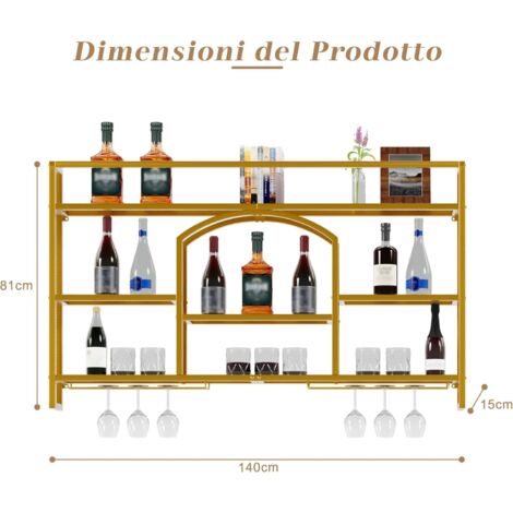 Scaffale per vino in metallo da parete con supporto per bicchieri di vino Mensola per liquori Mini Bar Ripiani in vetro per bottiglie di whisky e
