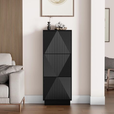 UEV Scarpiera da Ingresso con 3 Ante in Deisgn Intaglio, Mobile Scarpiera Bella e Funzionale con Ripiani Rimovibile e Regolabile, Scarpiere Salvaspazio Slim Stabili, 50 x 24 x 131cm, Nero