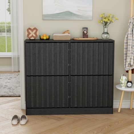 UEV Scarpiera Ingresso con 4 Cassetti di Deisgn a Strisce, Scarpiera Soggiorno Combia Eleganza e Praticità, Mobiletto per Scarpe Stabile con Design Antiribaltamento, 102 x 24 x 86,5 cm, Nero