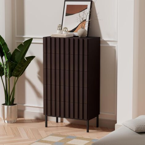 UEV Cassettiera Naturale con 5 Cassetti, Settimino Salvaspazio con Motivo a Doghe di Legno, Cassettiere Camera da Letto Solida e Stabile con Design Antiribaltamento, 60 x 34 x 110 cm, Noce