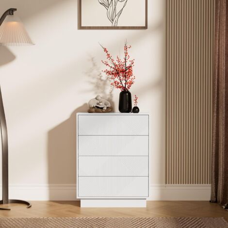UEV Cassettiera a 4 Cassetti con Motivo a Rombi, Settiminio Spazioso per Archiviazione, Comò Stabile e Durevole per Soggiorno, Camera da letto, Corridoio, 60 x 33,5 x 77,5 cm, Bianco