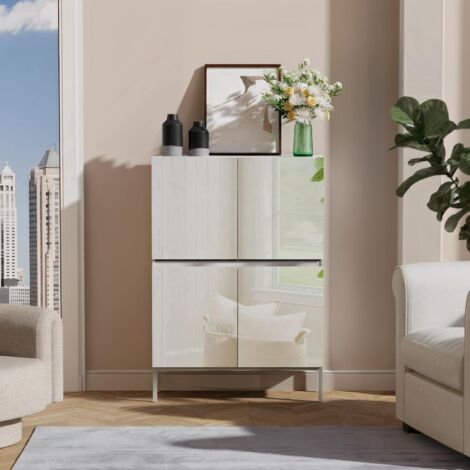 UEV Armadio con 4 Ante a Specchio, Mobiletto Salvaspazio con 8 Scomparti per Stoccaggio, Armadio Multiuso con Design Elaborato Maniglia Scomparsa e Piedi di Metallo, 80 x 29 x 115,5 cm, Bianco