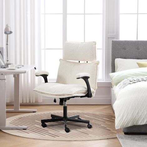UEV Sedia con Superficie Morbida a Terciopelo Teddy, Sedia da Scrivania con Funzione Oscillazione 35°, Sedie da Ufficio Compatta con Braccioli Reversibili, 75 x 70 x 107-117cm, Beige
