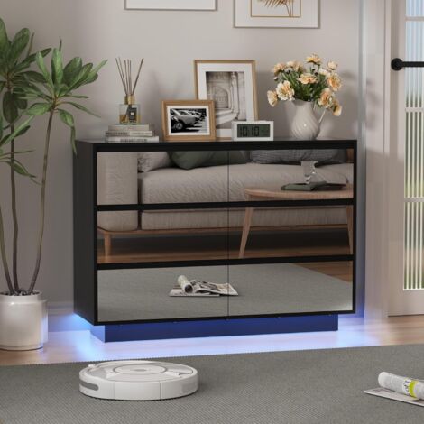 UEV Cassettiera con 6 Cassetti a Specchio, Comò con Grande Spazio e Illuminazione LED Regolabile, Como Soggiorno Robusto e Funzionale, 100 x 34 x72,5 cm, Nero