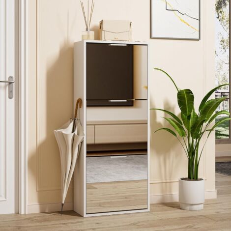 UEV Scarpiera con 3 Ante a Specchio, Armadietto Scarpe con Specchio Funzionale, Portascarpe da Ingresso, 50 x 23 x 121,5 CM, Bianco