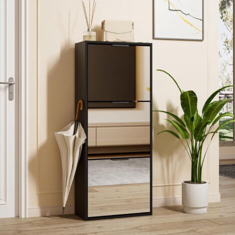 UEV Scarpiera con 3 Ante a Specchio, Armadietto Scarpe con Specchio Funzionale, Portascarpe da Ingresso, 50 x 23 x 121,5 CM, Nero