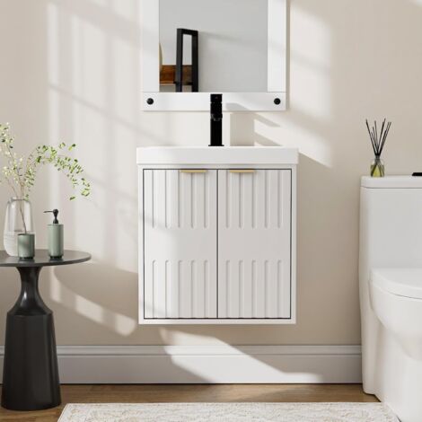 UEV Mobile Bagno a 2 Ante con Lavabo in Resina, Mobiletto Bagno Sospeso con Unico Design e Praticità, Set Mobili con Motivo in Rilievo, 50 x 38 x 55 cm, Bianco