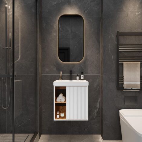 UEV Mobile Bagno con Lavabo in Resina con Rubinetto al Centro, Mobiletto Bagno Sospeso con Unico Design e Praticità, Motivo a Righe Verticali, 50 x 38 x 55 cm, Bianco