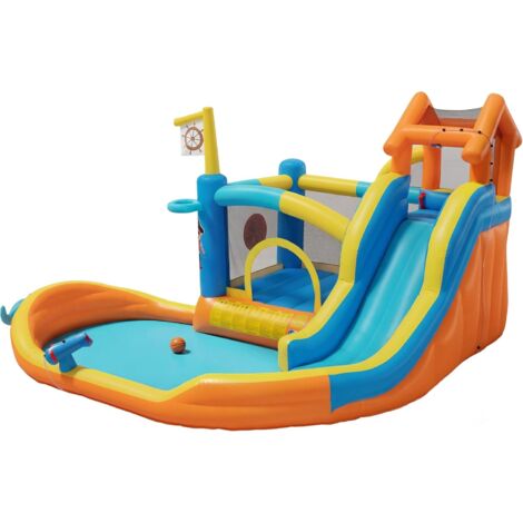 UEV 8-in-1 Parco Gonfiabile per Bambini 3-10Anni con Ventilatore, Multi-Divertimento con Tema Nautico con Scivolo e Gioco Pistole ad Acqua, Castello Gonfiabile Interni ed Esterni, 414 x 364 x 244 cm