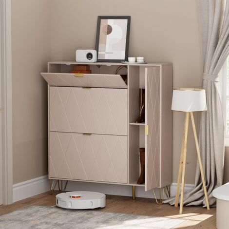 UEV Scarpiera Salvaspazio con 3 Ante a Ribalta, Scarpiera Ingresso da Portascarpe, Porta Scarpe per 16 Paia in Legno Ingegnerizzato Robusto, 105 x 24 x 120 cm, Beige Mocca