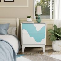 UEV Set di 2 Comodini con Motivo Ondulato, Comò Moderno con 2 Cassetti Portaoggetti, Tavolino laterale per Camera da Letto, Soggiorno, 45 x 35 x 56cm, Bianco