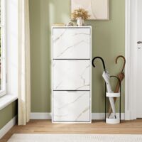 UEV Scarpiera Slim con 3 Ante in Design Marmo, Moderna Scarpiera Salvaspazio per Ingresso, Portascarpe in Legno Stabile con Antiribaltamento, 50 x 23 x 121,5 CM, Bianco