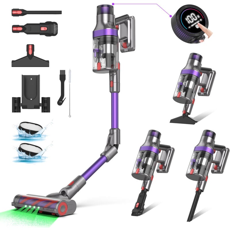 Aspirateur Balai sans Fil Puissant 580W/48Kpa Dual-Cup OLED Ecran Tactile Jusqu'à 65Mins Aspirateur Pliable à 180° Lumière LED
