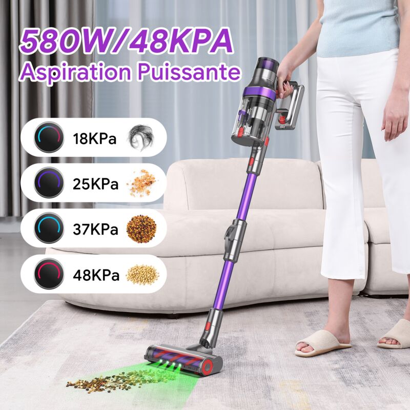 Aspirateur Balai sans Fil Puissant 580W/48Kpa Dual-Cup OLED Ecran Tactile Jusqu'à 65Mins Aspirateur Pliable à 180° Lumière LED 2