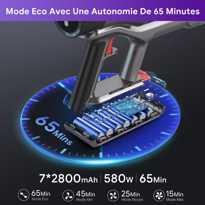 Aspirateur Balai sans Fil Puissant 580W/48Kpa Dual-Cup OLED Ecran Tactile Jusqu'à 65Mins Aspirateur Pliable à 180° Lumière LED 4
