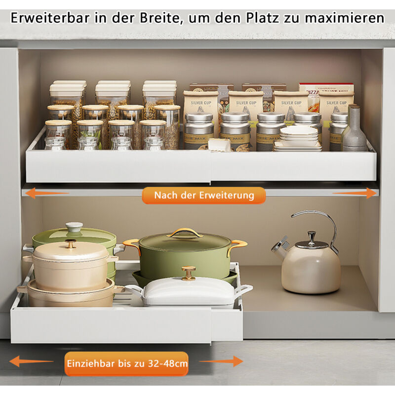 Küchenschrank Organizer Ausziehbar 2 Stück Teleskopschublade, 32-52cm Verstellbare Breite Ausziehbare Schubladen, Ausziehbarer Auszug Küchenschrank