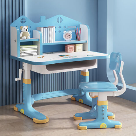 Kinder-Schreibtisch- und Stuhl-Set, höhenverstellbar, Kinderstudiertisch mit Schublade, Bücherregal, Kindersitztisch für Jungen, Mädchen, Schule, Zuhause, Arbeitszimmer - Blau 1 (1/5)