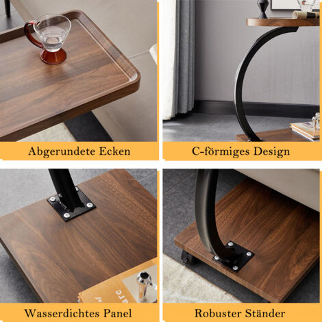 Beistelltisch Holz mit Rollen, Couchtisch Holz, C-förmige Stütze, Volumen: 30  40  60cm, Holzoptik, 4 Rollen (2 mit Bremse), Beistelltische fürs Wohnzimmer, Sofas - Runden