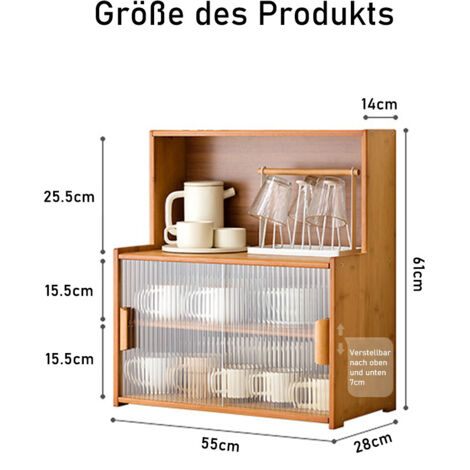 Kchenschrank, Aufbewahrungsschrank fr Arbeitsplatte mit Zweischichtige  Partition und ffnen Arbeitsplatte, Bambus-Schrank-Organisator,  Durchsichtige Schubladen - 55 lang