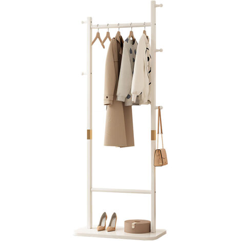Garderobenständer Holz Massiv mit 5 Haken, Vertikaler Ständer mit verdickte rechtecke Basis für Kleider, Garderobe & Hüte Jacken- & Taschenständer für Flur, Wohnzimmer, Schlafzimmer- Weiß